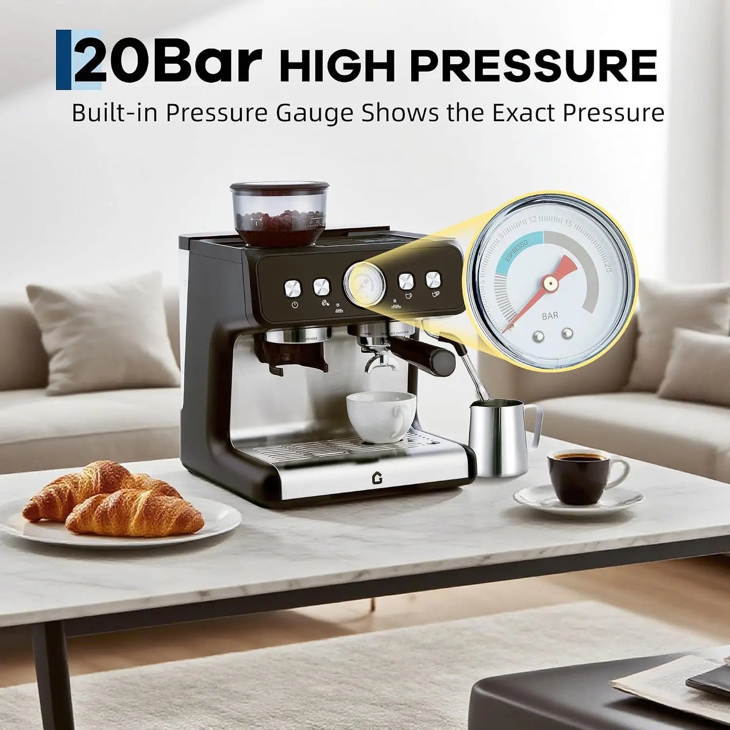 Espresso Machine With Grinder 20 Bar Stainless Steel Pressure Maker Featuring Removable 2.8L Water Tank Adjustable Shot Volume Professional For Home Barista And Office