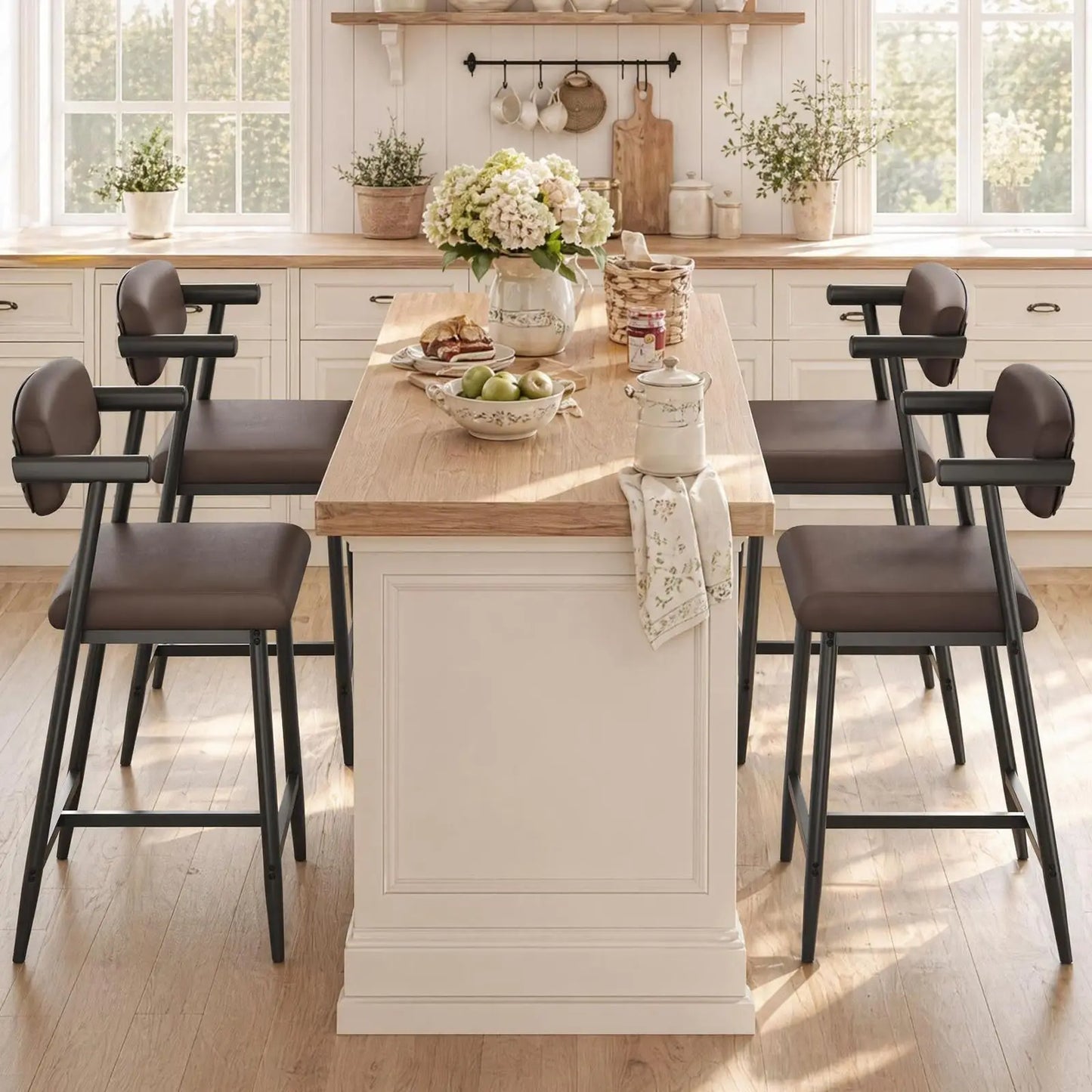 Set Of 4 Counter Height Bar Stools With Arms, Upholstered Back & Wide Seat, Metal Kitchen Island Bar Chairs With Footrest