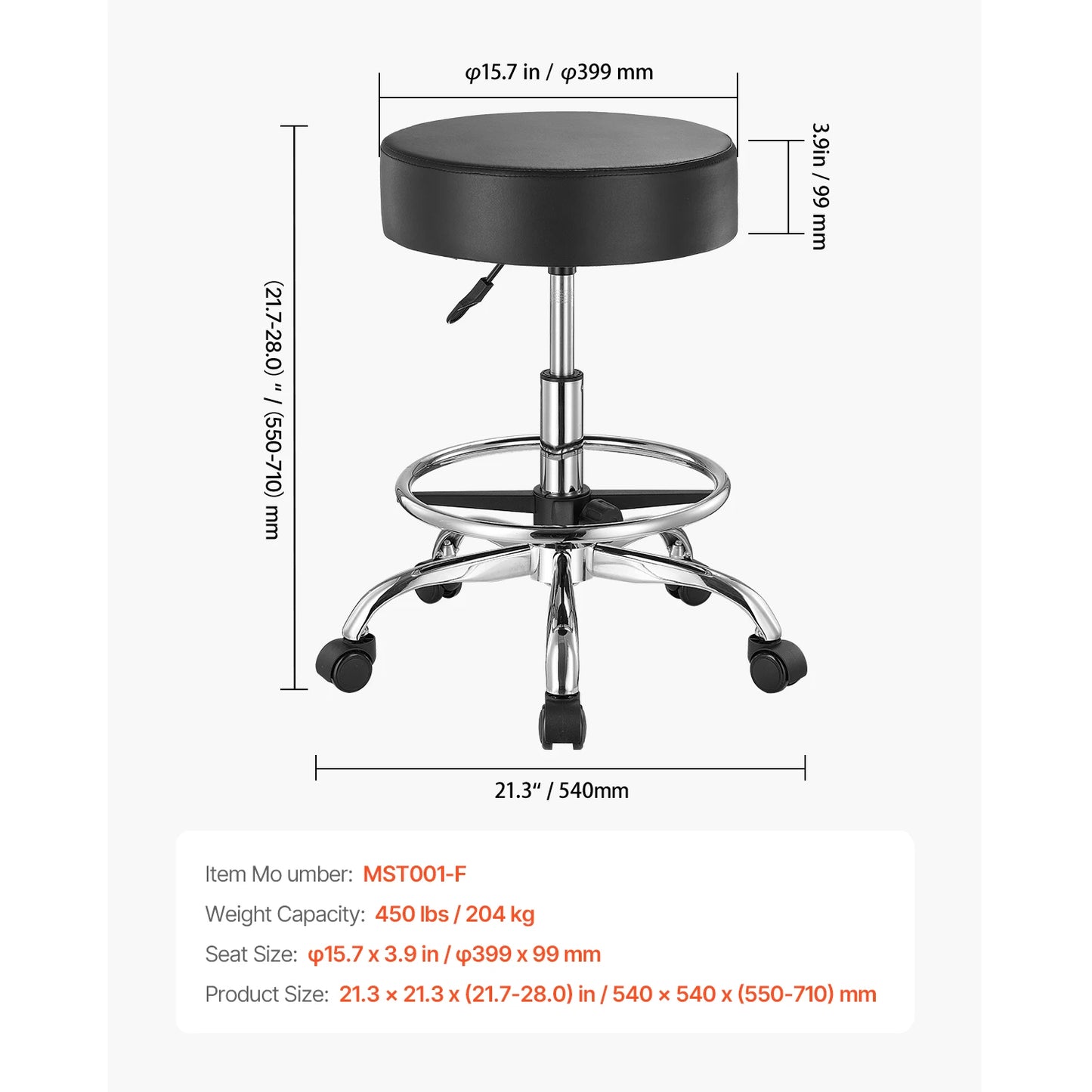 SucceBuy Rolling Stool w/ Wheels 450 LBS Weight Capacity Round Rolling Stool Chair Height Adjustable for Salon Spa Tattoo Clinic