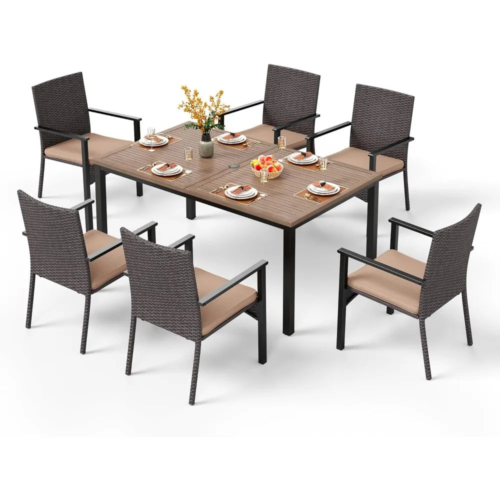 7 Pieces Patio Dining Set, 65” Wood-Like Metal Steel Dining Table & Rattan Wicker Chairs with Cushions