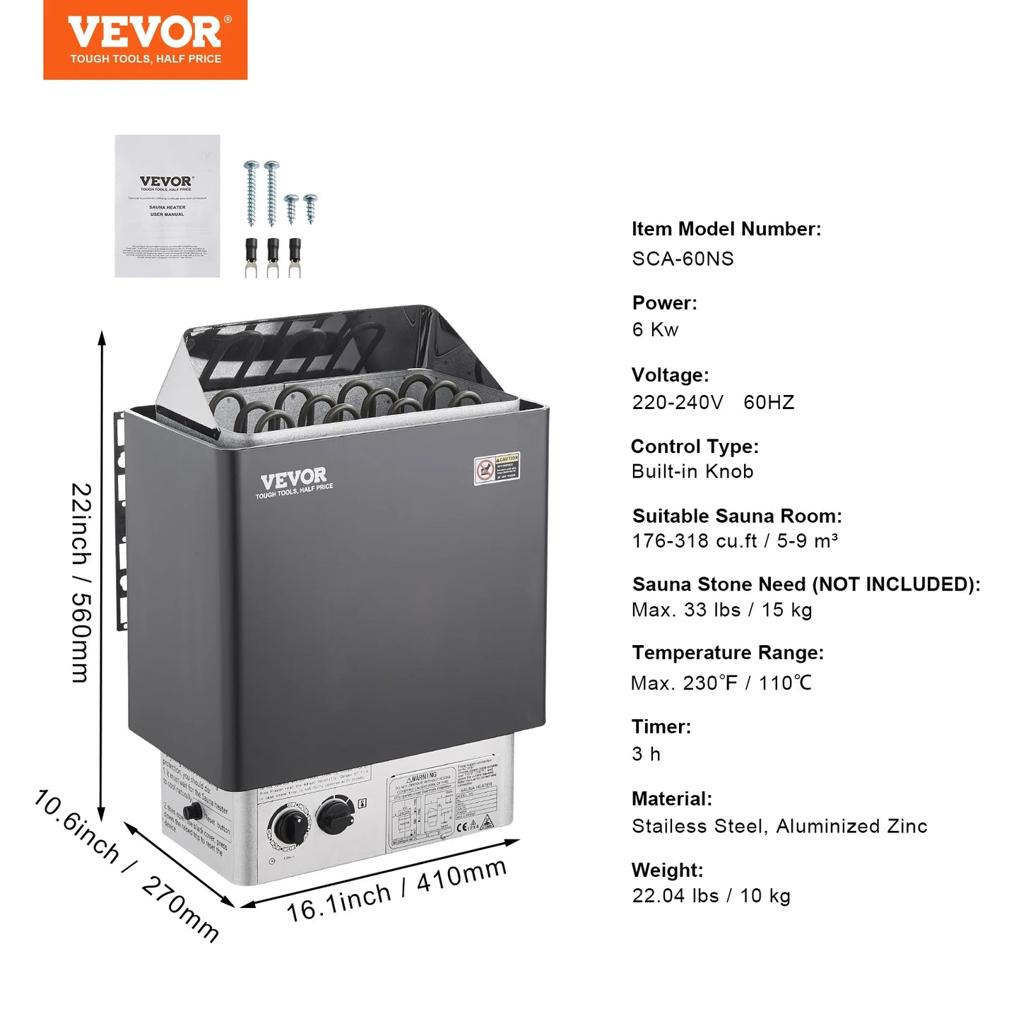 SucceBuy Sauna Heater 3/4.5/6/9KW 220V Electric Sauna Stove Steam Bath Sauna Heater for Max. 317-459 Cubic Feet Home Hotel Spa