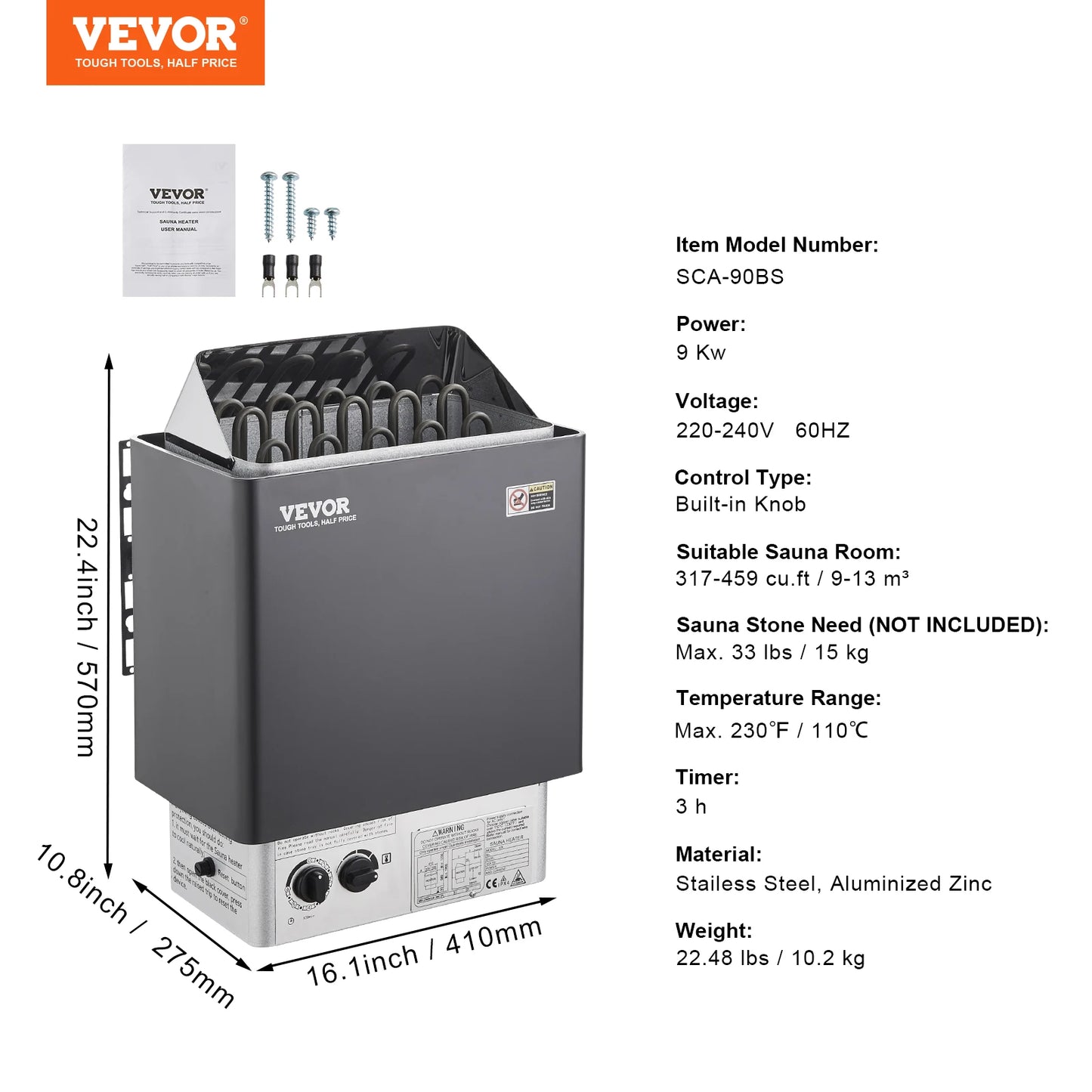SucceBuy Sauna Heater 3/4.5/6/9KW 220V Electric Sauna Stove Steam Bath Sauna Heater for Max. 317-459 Cubic Feet Home Hotel Spa