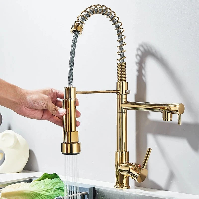 SHBSHAIMY Gold Spring Kitchen Faucets Pull Down Kitchen-Sink Crane Dual Swivel Spout Tap Hot Cold Water Mixer