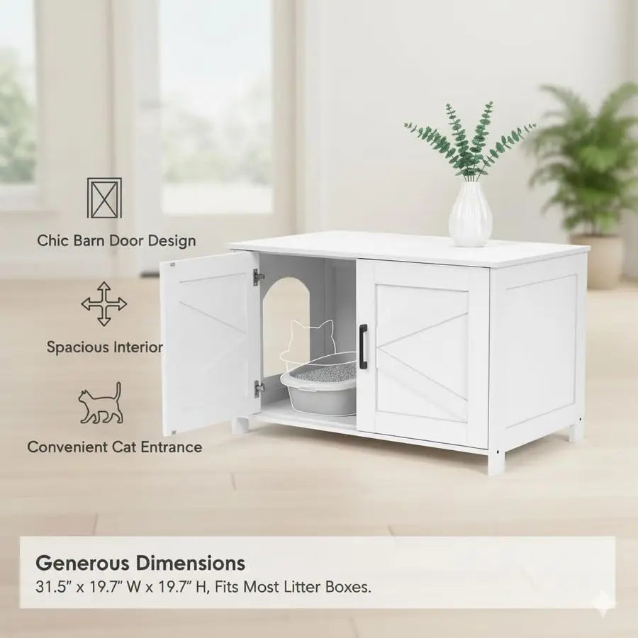 Cat Litter Box Enclosure, Wooden Cat Washroom Furniture with Barn Door, Pet House, Fit Most of Litter Box, White