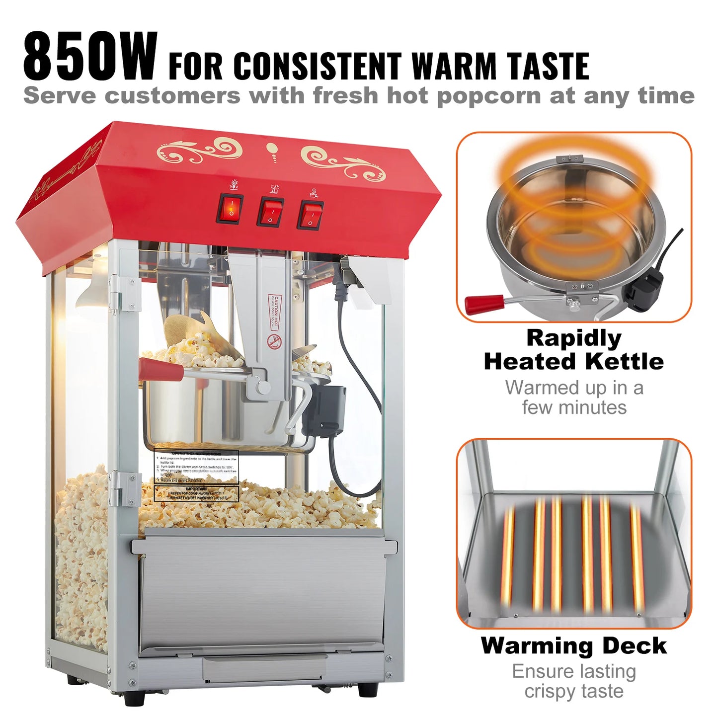 SucceBuy 8/12Oz Electric Popcorn Maker Commercial Popper Machine  Automatic Corn Cookware with Scoop Spoon SUS304 Heating Tube