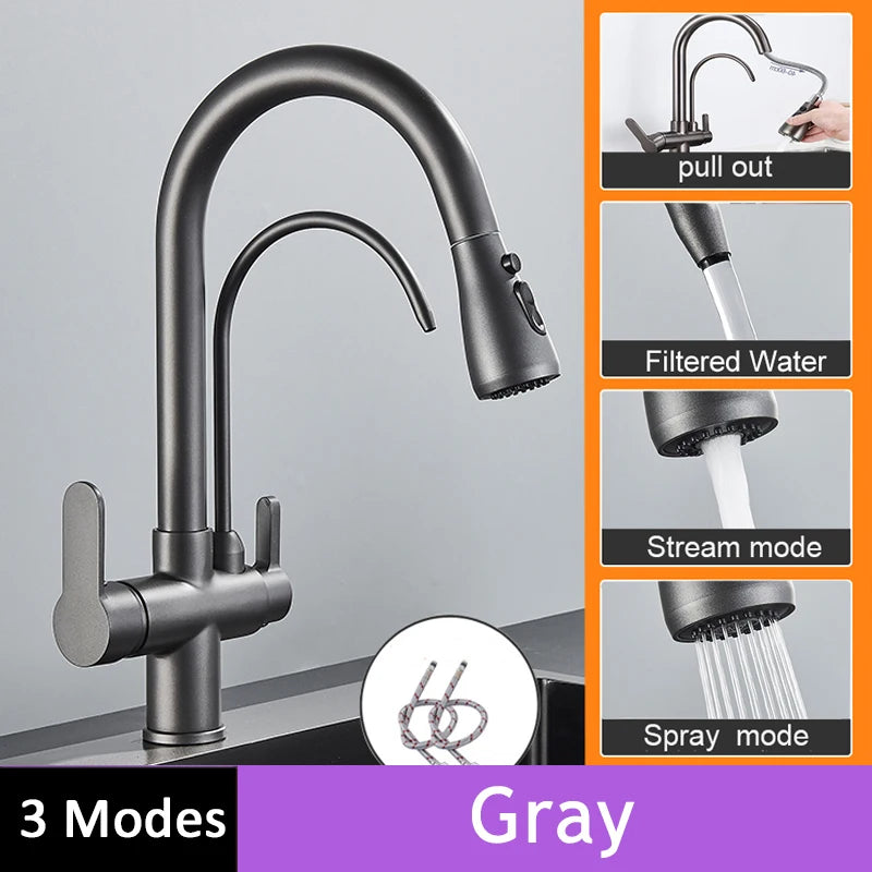 Shinesia Touch Sensor Filter Kitchen Faucet Gourmet Pull Out Pure Water Tap Dual Handle Black Kitchen Sink Mixer