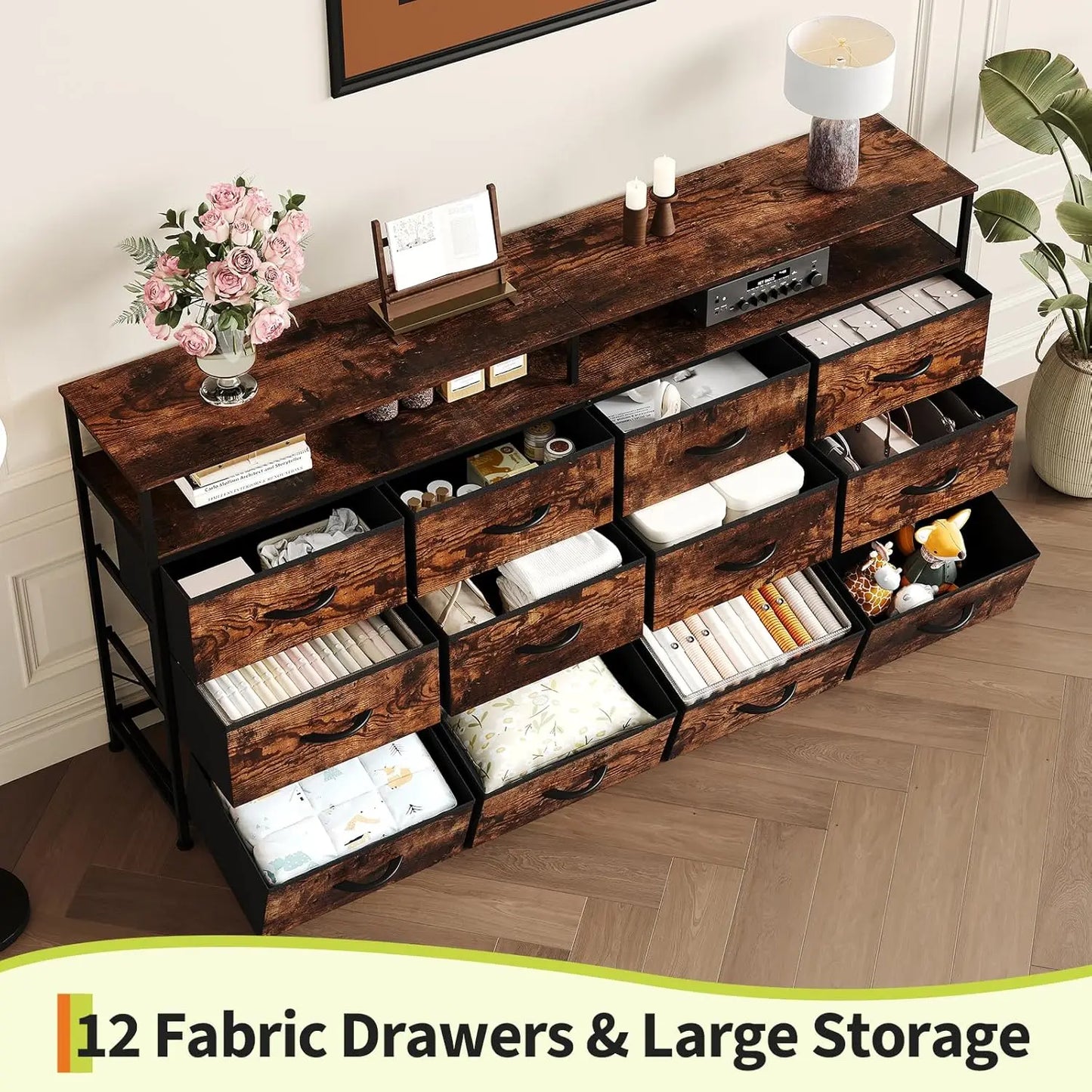 63 Inch Long Dresser For Bedroom With 12 Drawers And 2 Open Cubbies MDF Top And Steel Frame Sturdy Large Chest Of Drawers Also Functions As TV Stand For 65 To 75 Inch TV