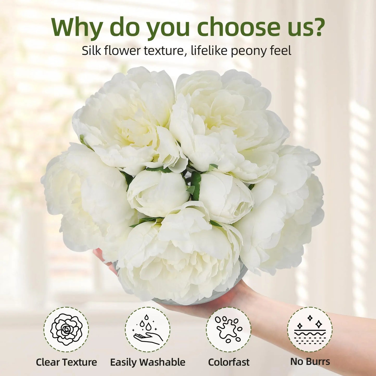 7 Pcs Real Touch Artificial Peonies in Glass Vase, 6 Stems Faux Flowers with Faux Water, Silk Peony Arrangements for Wedding Centerpiece, Home Table, Party Decor