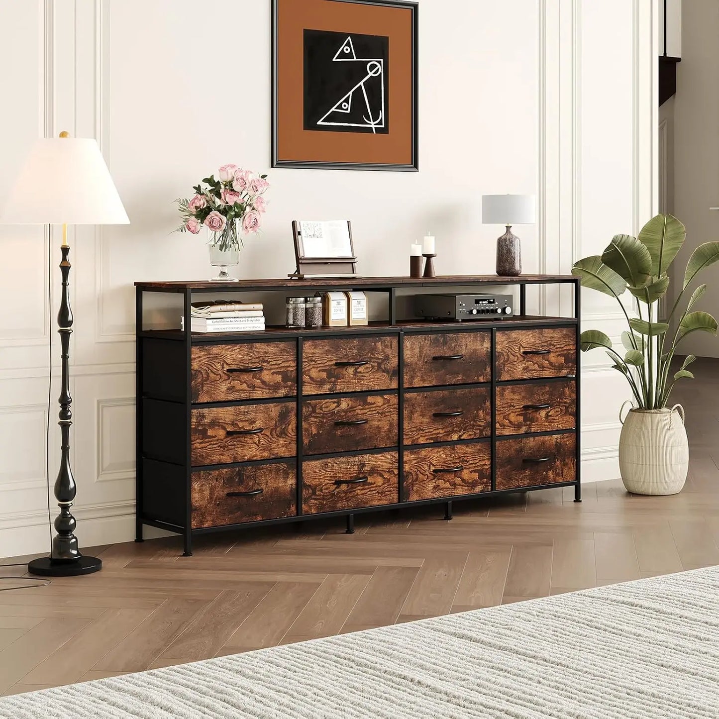 63 Inch Long Dresser For Bedroom With 12 Drawers And 2 Open Cubbies MDF Top And Steel Frame Sturdy Large Chest Of Drawers Also Functions As TV Stand For 65 To 75 Inch TV