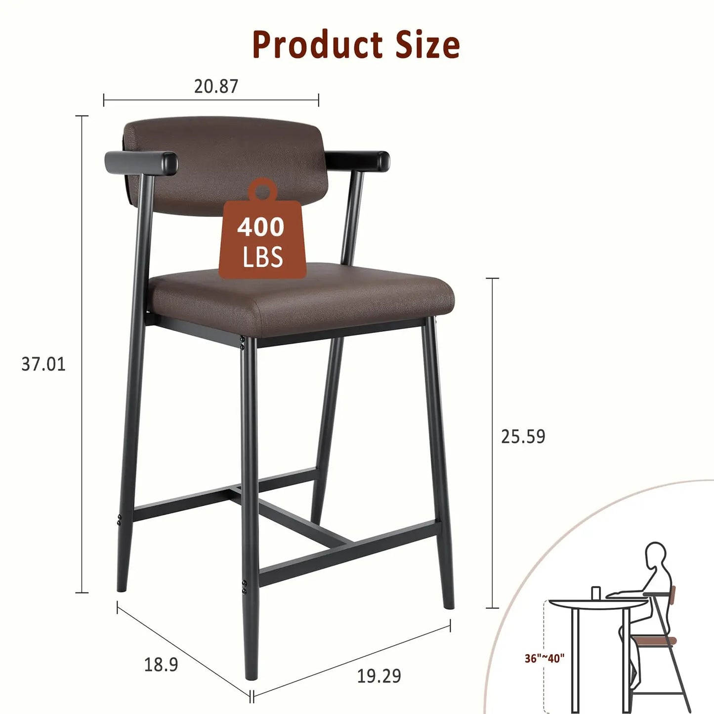 Set Of 4 Counter Height Bar Stools With Arms, Upholstered Back & Wide Seat, Metal Kitchen Island Bar Chairs With Footrest