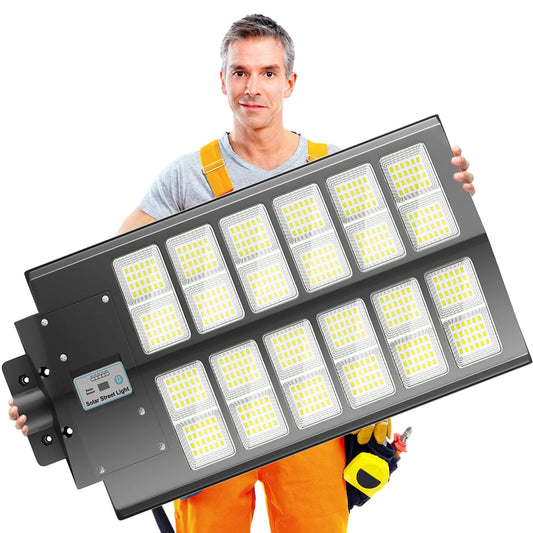 6000-watt waterproof solar street lights. Automatically turn on at dusk and are equipped with motion sensors. Suitable for comme