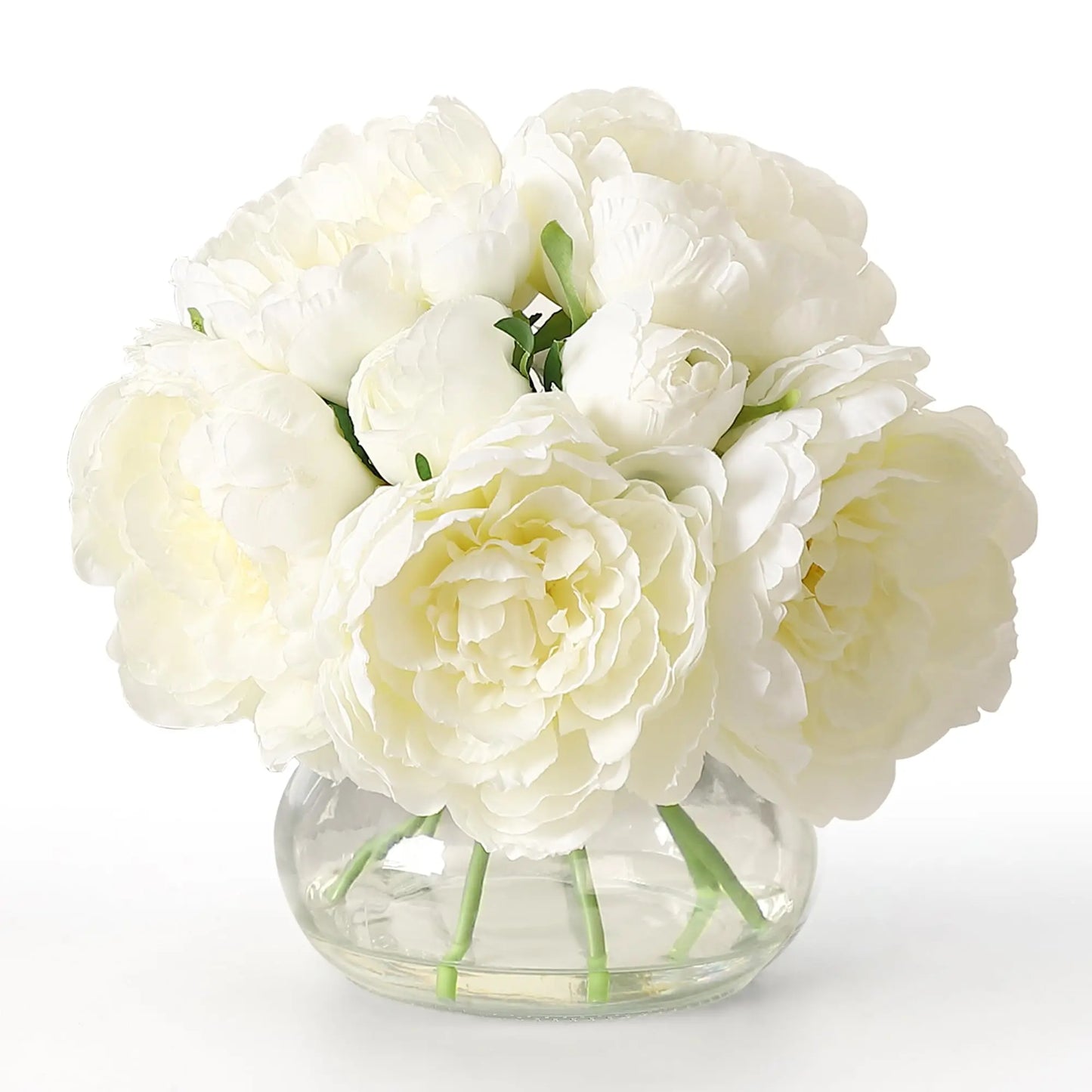 7 Pcs Real Touch Artificial Peonies in Glass Vase, 6 Stems Faux Flowers with Faux Water, Silk Peony Arrangements for Wedding Centerpiece, Home Table, Party Decor