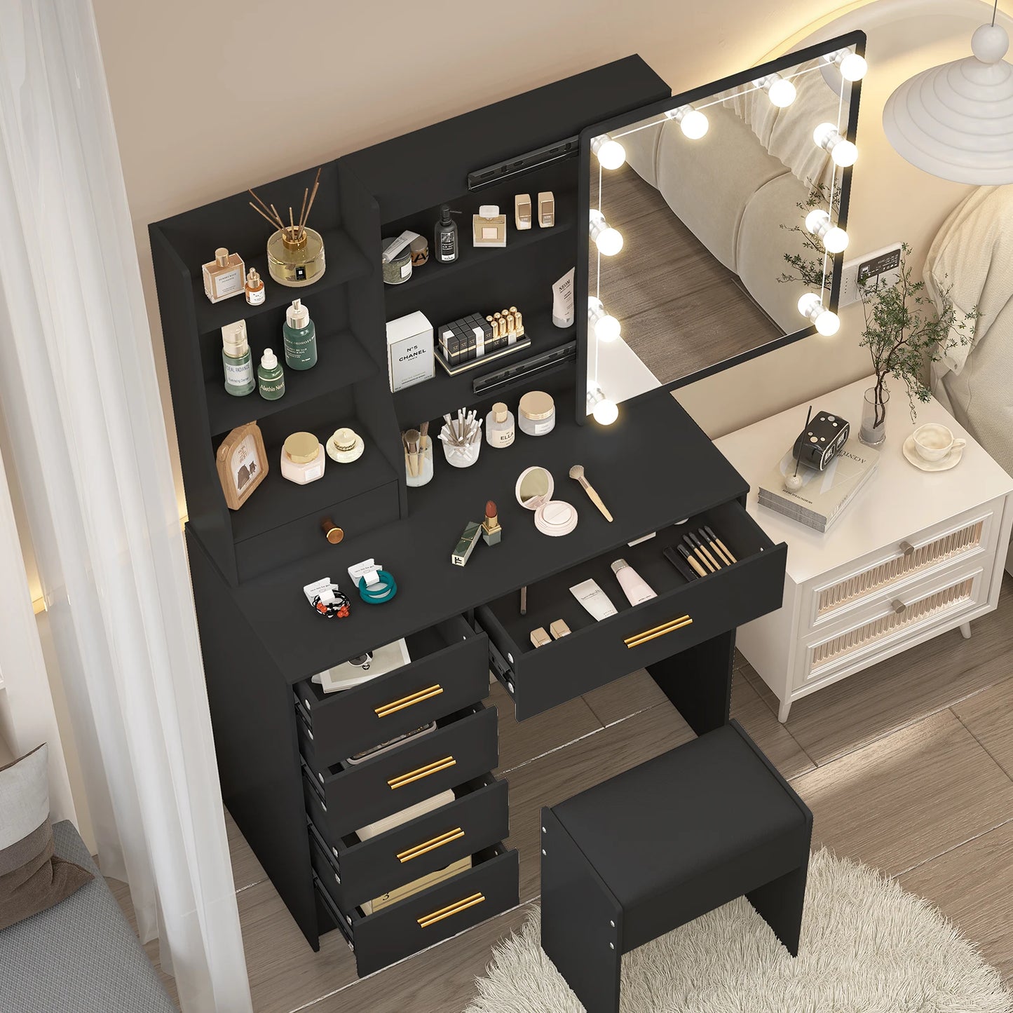 10 LED Lights Makeup Mirror Vanity Table Set with Stool, Sliding Drawers Dressing Desk for Bedroom, Beauty Cosmetic Storage Organizer