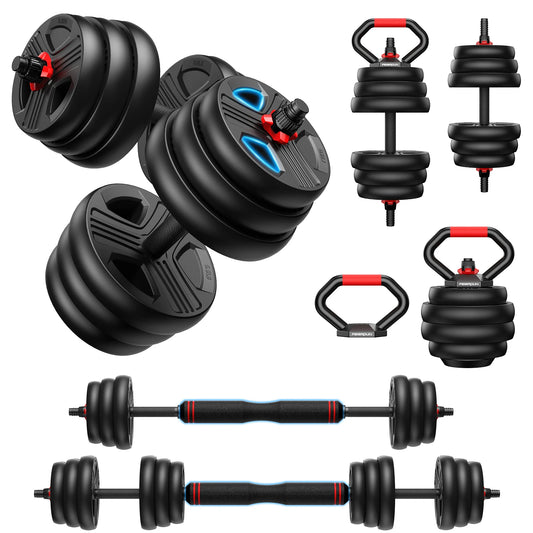 FITPLAM Adjustable 5 in 1 Free Weights Set, 20/35/45/70/90LB Dumbbell Set, Convertible to Barbell Kettlebell Push Up Stand
