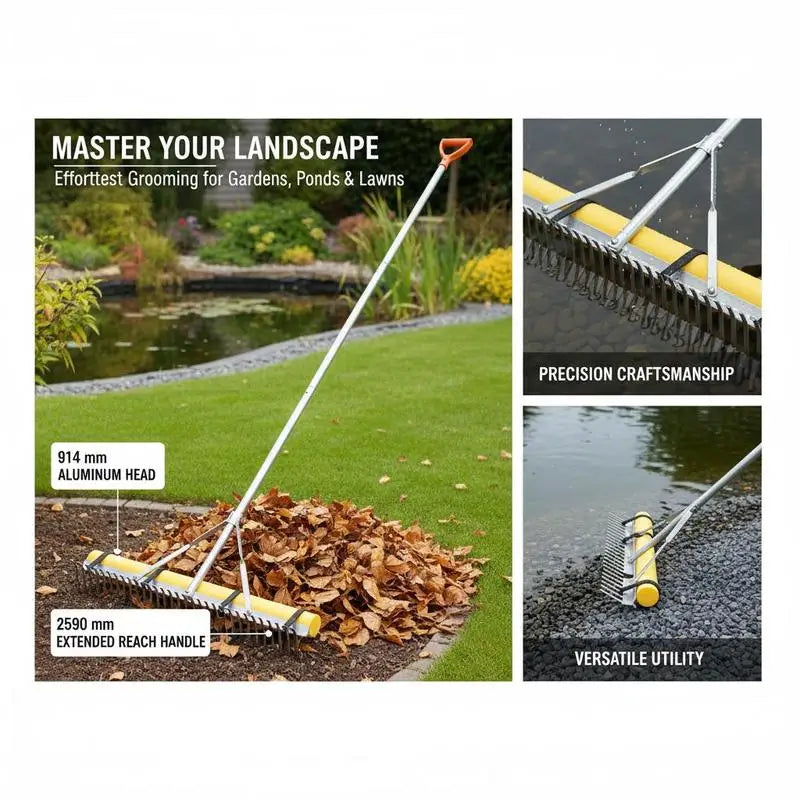 Aluminum Leveling Tool 36" Head 102" Handle For Garden Yard Beach, Heavy Duty Large Rake Loosening Soil Pond Gravel Lawn Care 52ft Rope