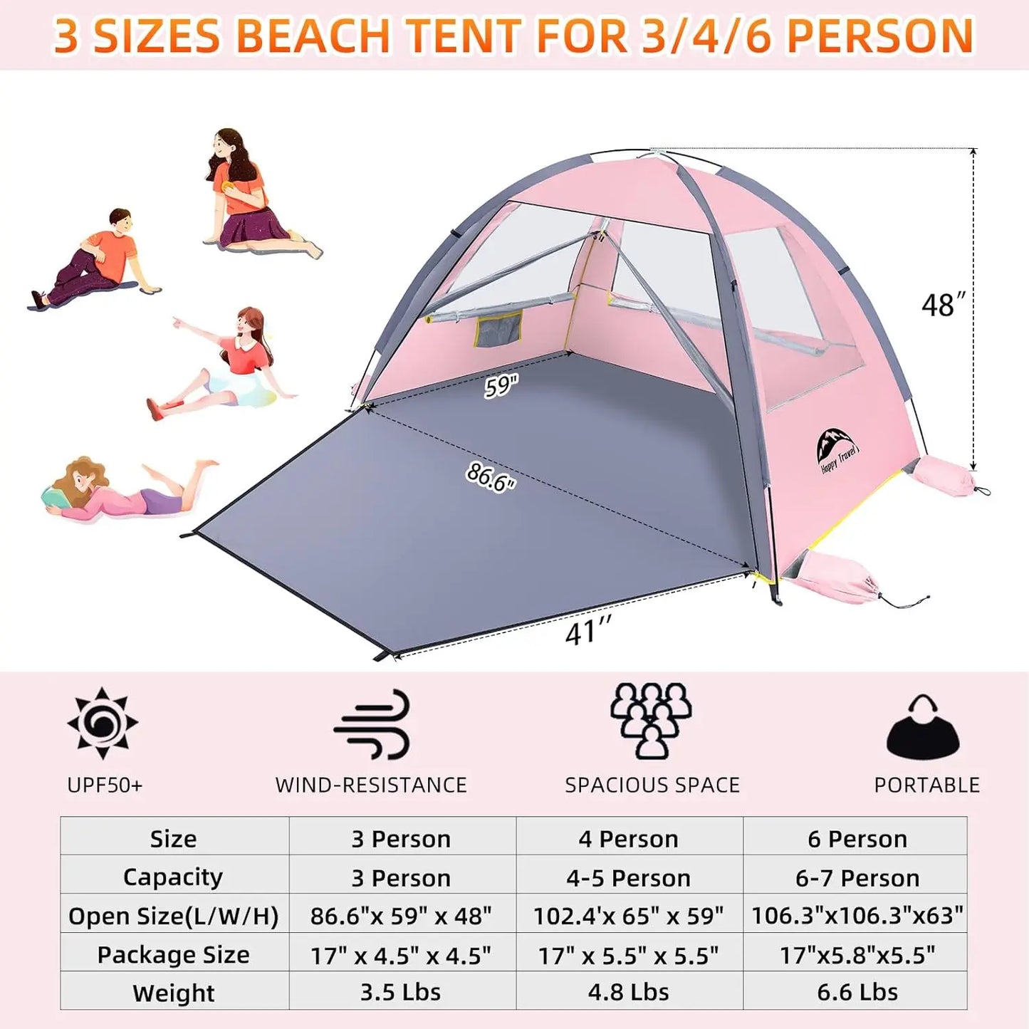 Beach Tent Sun Shelter for 3/4/5/6/7/8 Person, Portable UPF 50+ UV Protection Beach Shade Canopy for