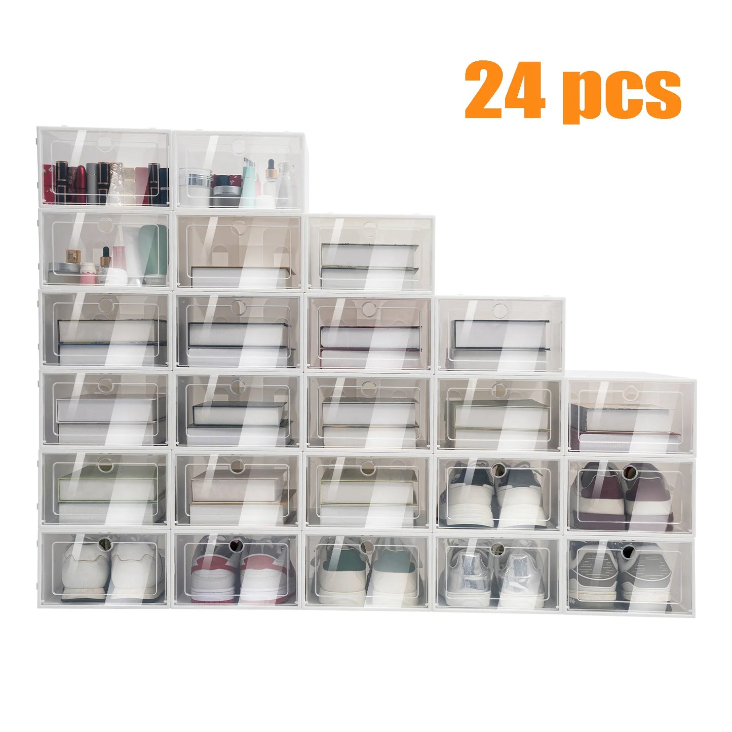 24pcs/set Transparent Plastic Shoe Case Large Thickened Shoe Box Stackable Organizer Drawer Shoe Rack White