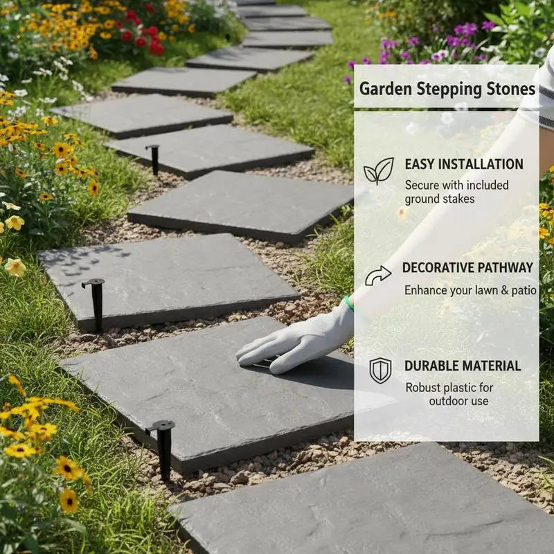 Outdoor Pathway Pavers 15.5 x 15.5 in For Lawn Patio Landscape, Decorative Walkway Blocks Ground Stakes Smooth Surface Grey 4Pcs