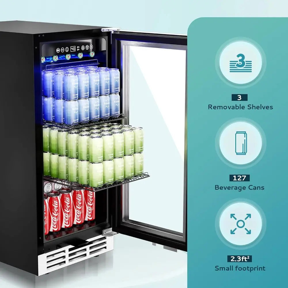 15 Under-Counter Beverage Fridge for 127 Cans, Glass Door, LED Light, Ideal for Home Kitchen Bar