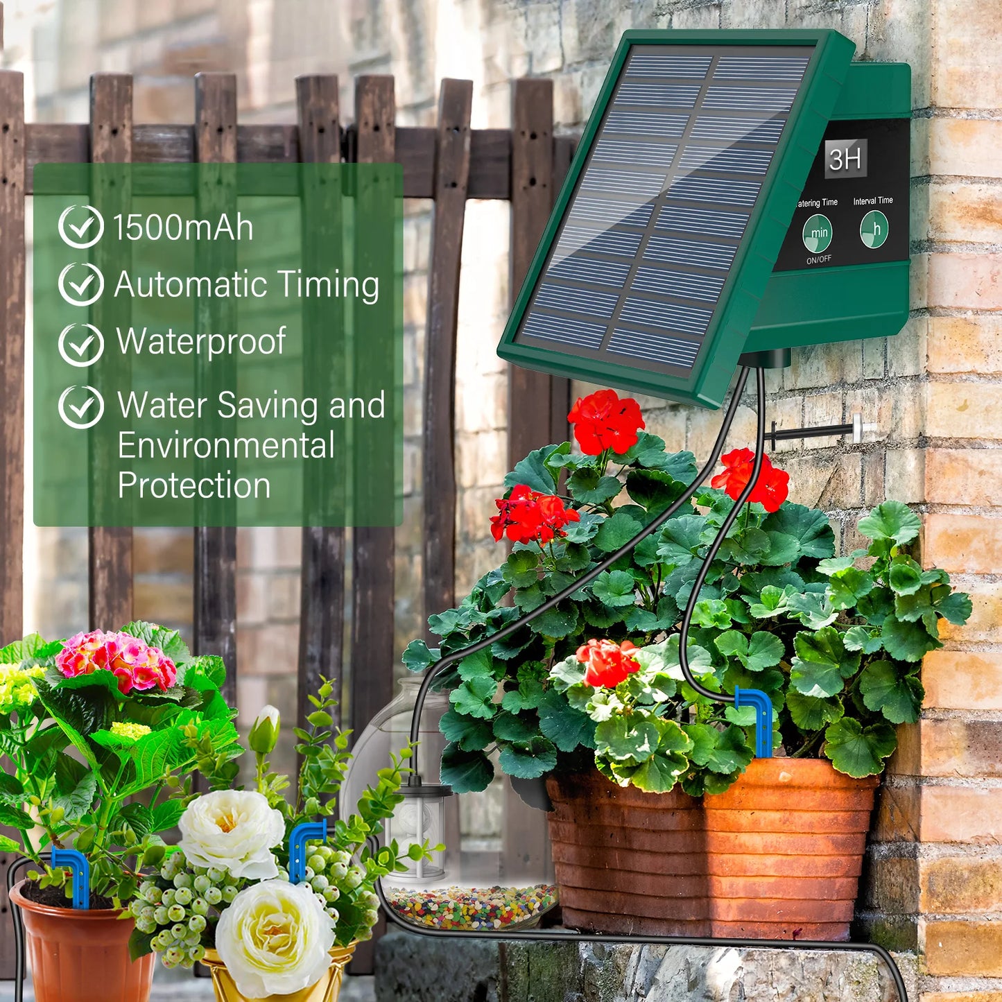 Solar Drip Irrigation Watering System  with 300 Watering Programmes, Garden Balcony Watering Kit with 10M Hose&10 Drip Tips etc, Suitable for Vegetables/Potted Plants/Fruit Trees