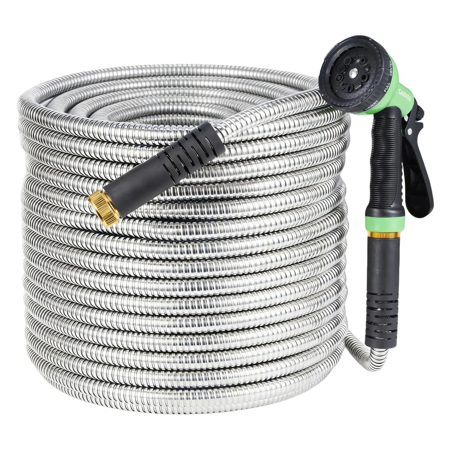 50/100/150FT Stainless Steel Garden Hose With 10-Function Spray Nozzle Kink-Free Metal Water Hose Brass Connectors