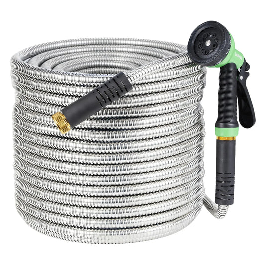 50/100/150FT Stainless Steel Garden Hose With 10-Function Spray Nozzle Kink-Free Metal Water Hose Brass Connectors