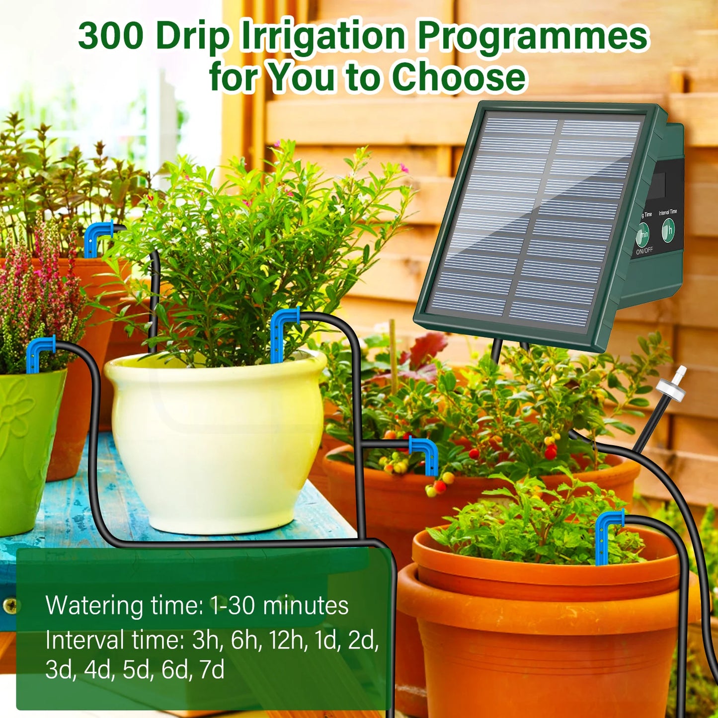 Solar Drip Irrigation Watering System  with 300 Watering Programmes, Garden Balcony Watering Kit with 10M Hose&10 Drip Tips etc, Suitable for Vegetables/Potted Plants/Fruit Trees