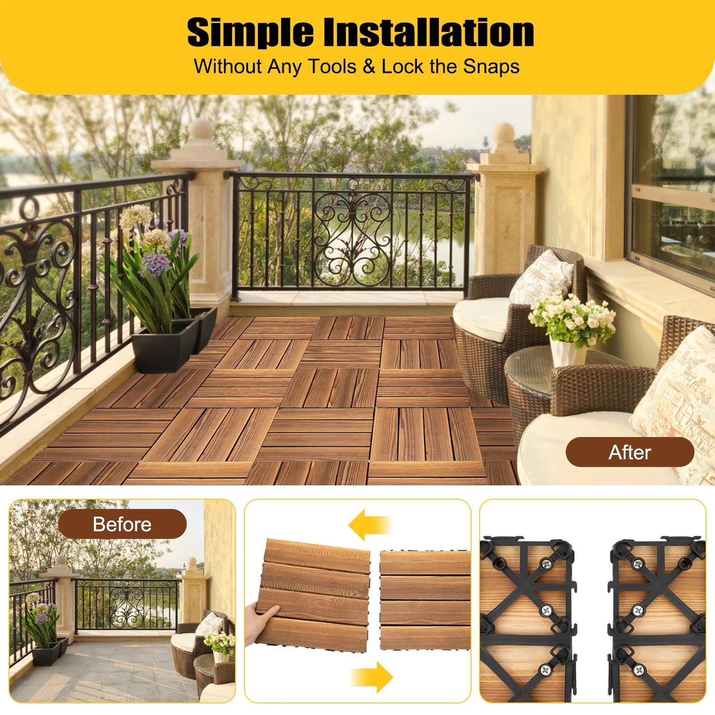 36 PCS 12"x12" Solid Wood Floor Tile Non-slip Waterproof Hardwood Interlocking Deck Tiles Garden Balcony Outdoor Flooring Decor
