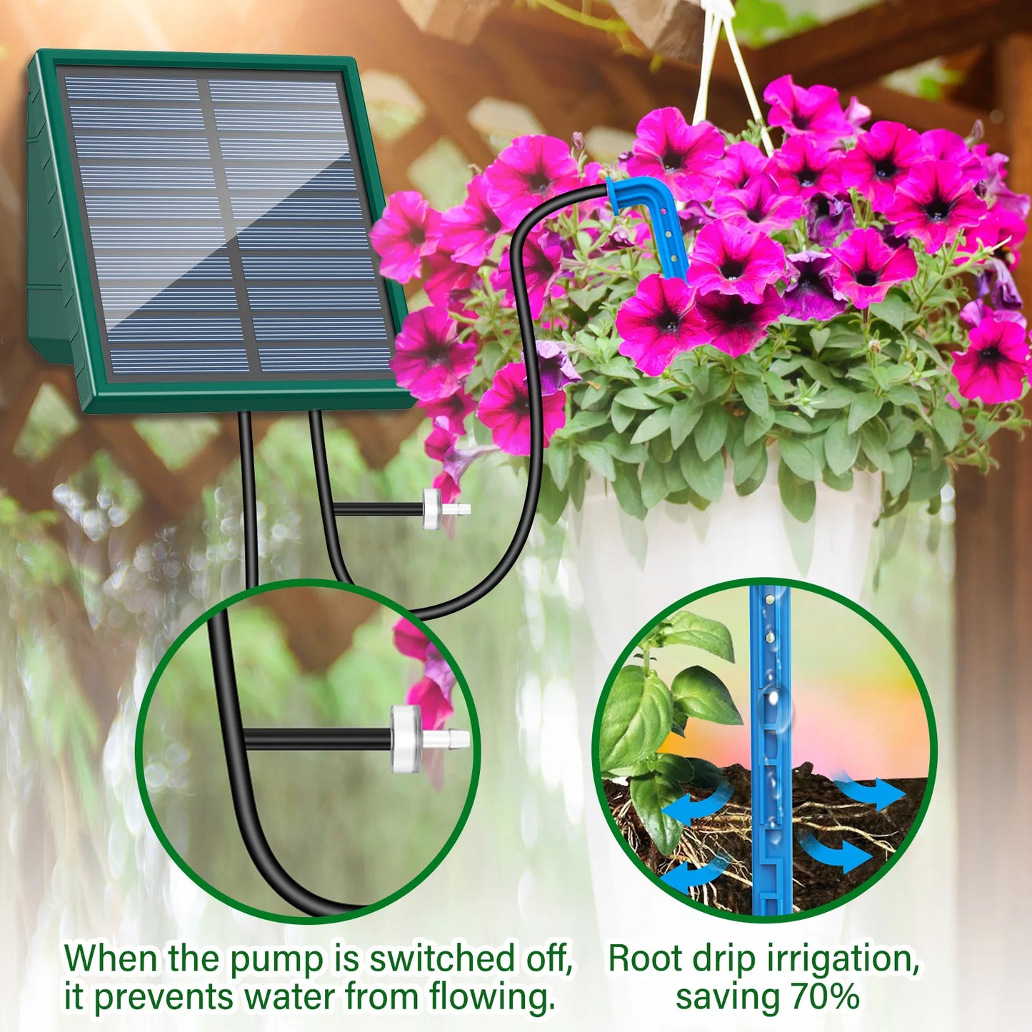 Solar Drip Irrigation Watering System  with 300 Watering Programmes, Garden Balcony Watering Kit with 10M Hose&10 Drip Tips etc, Suitable for Vegetables/Potted Plants/Fruit Trees