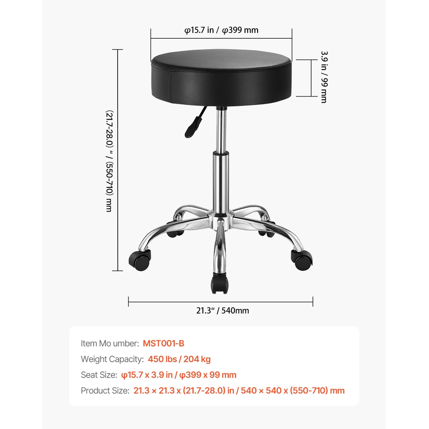SucceBuy Rolling Stool w/ Wheels 450 LBS Weight Capacity Round Rolling Stool Chair Height Adjustable for Salon Spa Tattoo Clinic