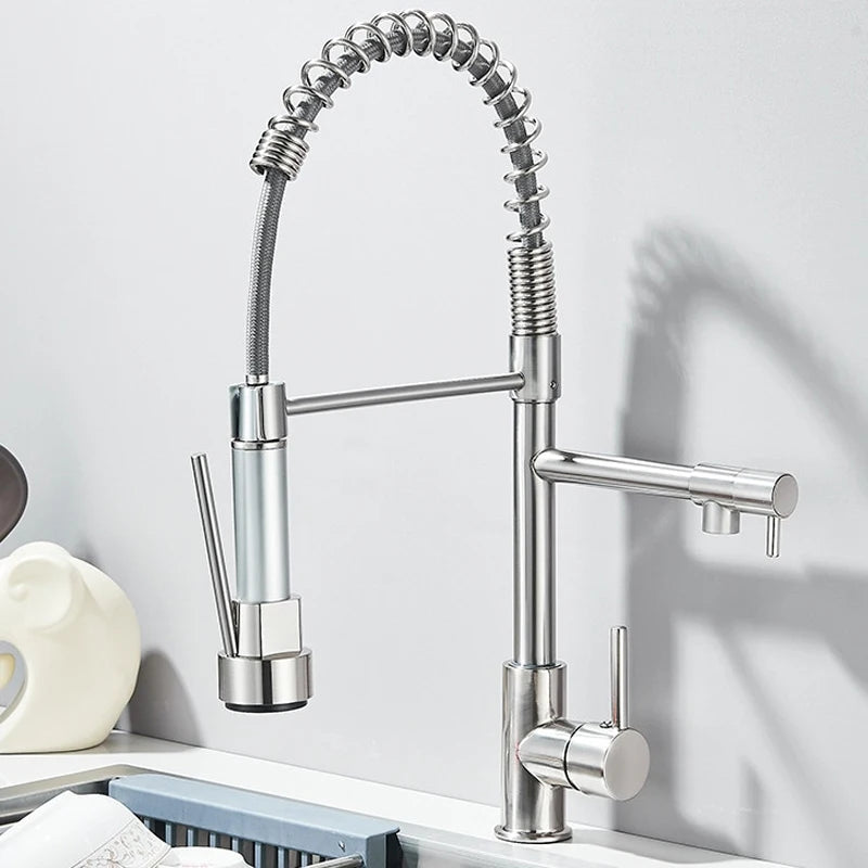 SHBSHAIMY Gold Spring Kitchen Faucets Pull Down Kitchen-Sink Crane Dual Swivel Spout Tap Hot Cold Water Mixer