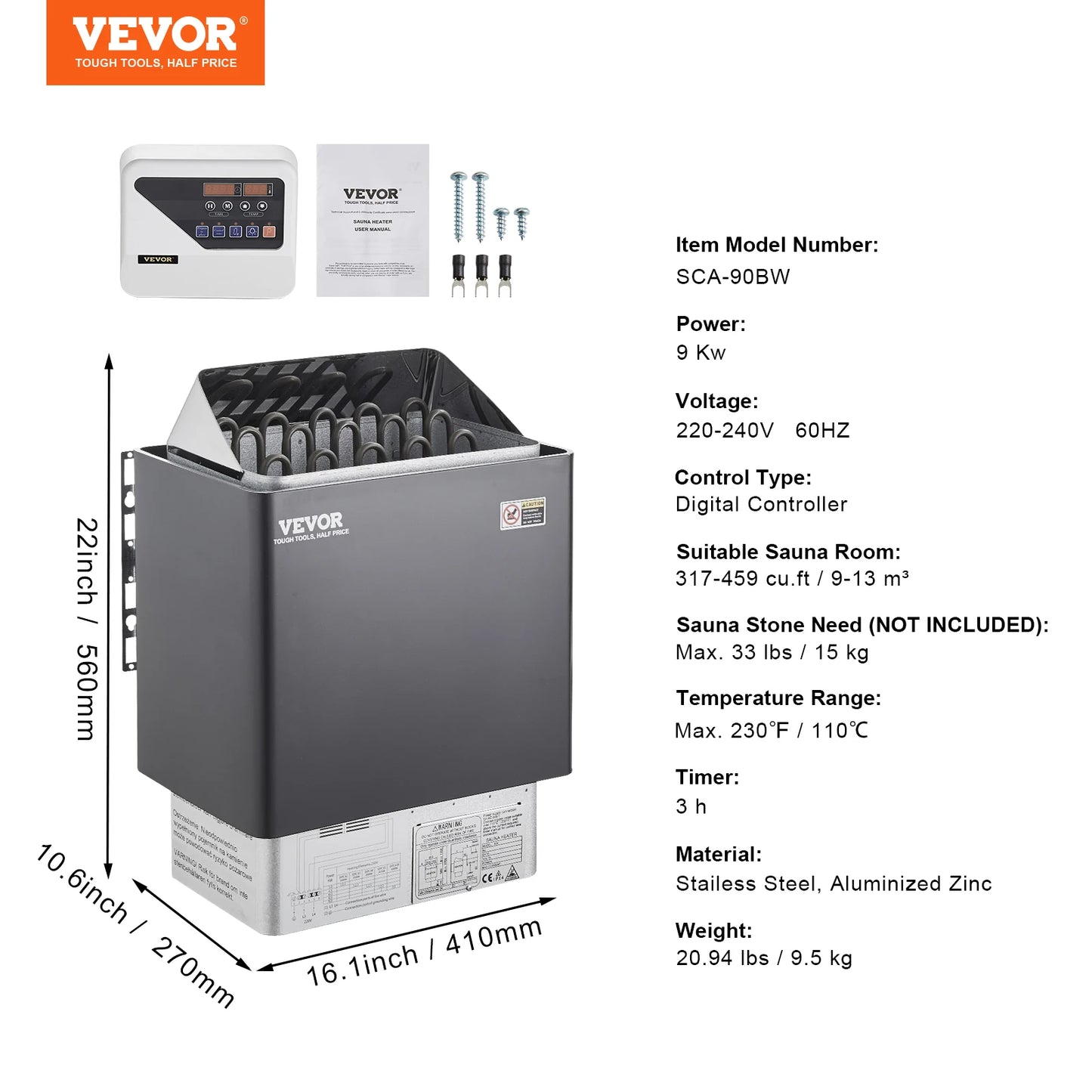 SucceBuy Sauna Heater 3/4.5/6/9KW 220V Electric Sauna Stove Steam Bath Sauna Heater for Max. 317-459 Cubic Feet Home Hotel Spa