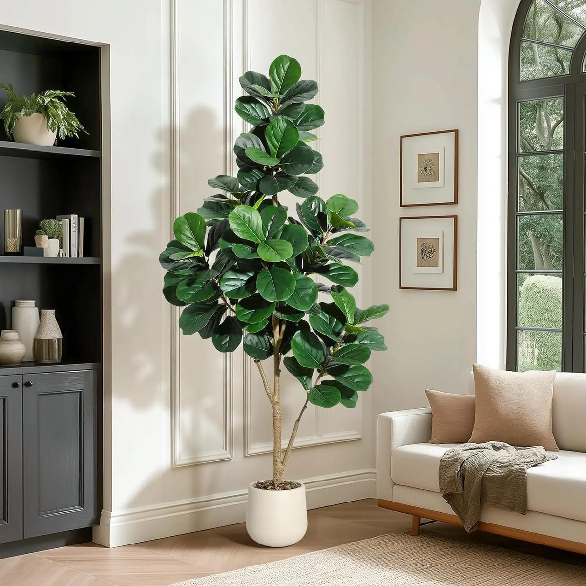 4-7 FT Fiddle Leaf Fig Tree Artificial Realistic Faux Ficus Lyrata Trees in White Planter Pot, Fake Floor Plants for Home Garden