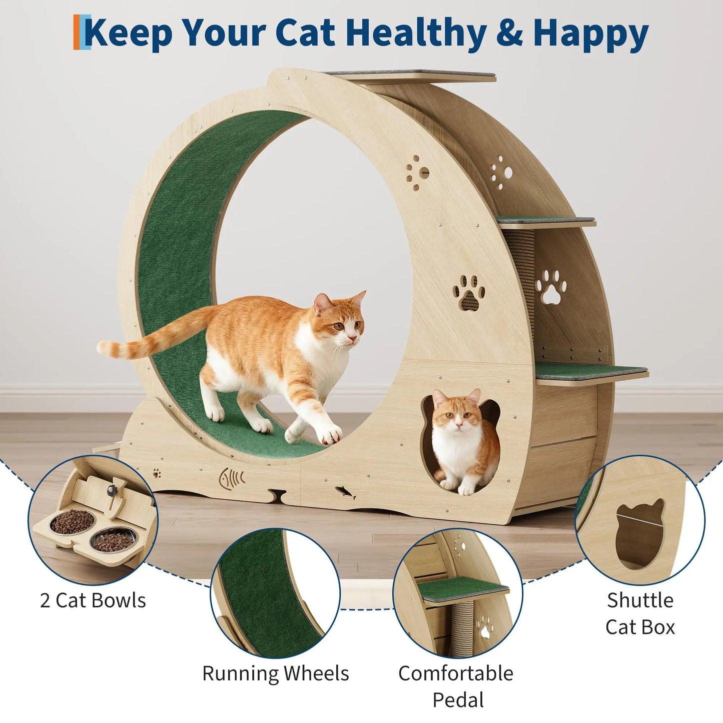 6-in-1 Multifunctional Cat Exercise Wheel Quiet Large Cat Treadmill With Bowls Scratch Post Detachable Carpet Cats Running Wheel