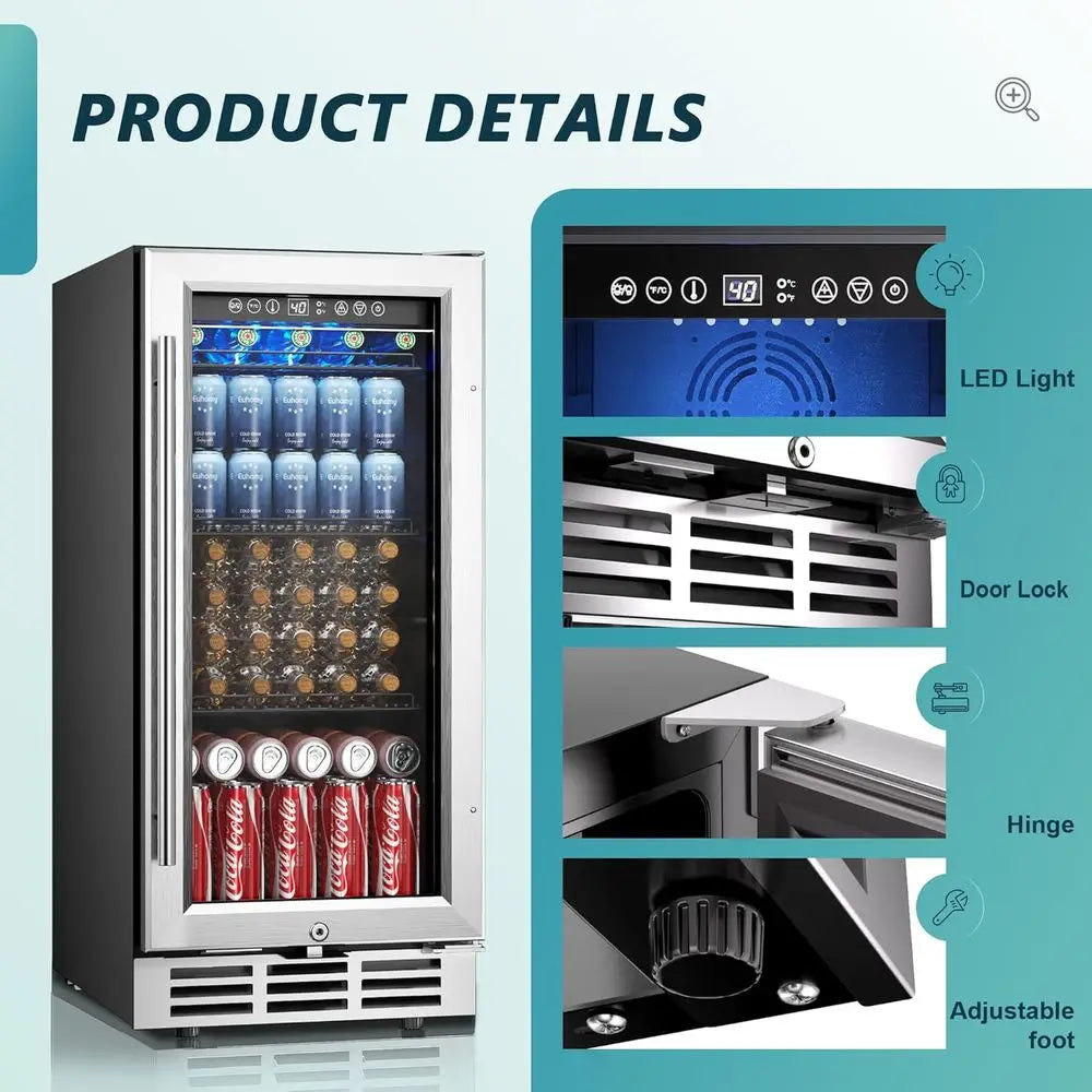 15 Under-Counter Beverage Fridge for 127 Cans, Glass Door, LED Light, Ideal for Home Kitchen Bar