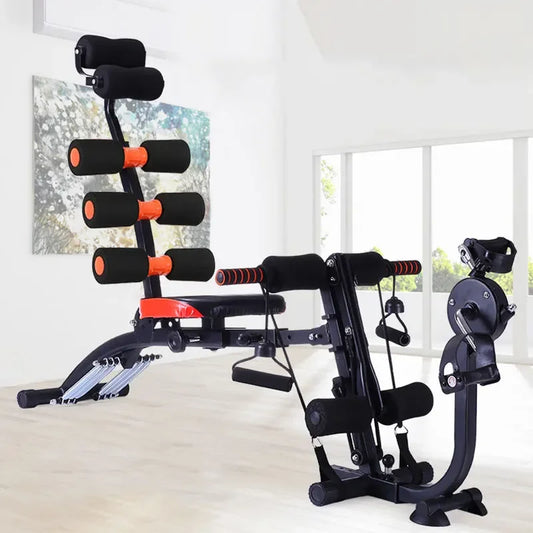 Multi-functional segmented fitness machine with foot pedals for abdominal exercises and pull rope attachment