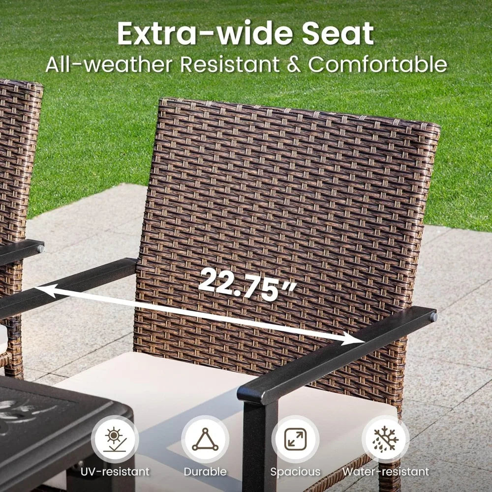 7 Pieces Patio Dining Set, 65” Wood-Like Metal Steel Dining Table & Rattan Wicker Chairs with Cushions
