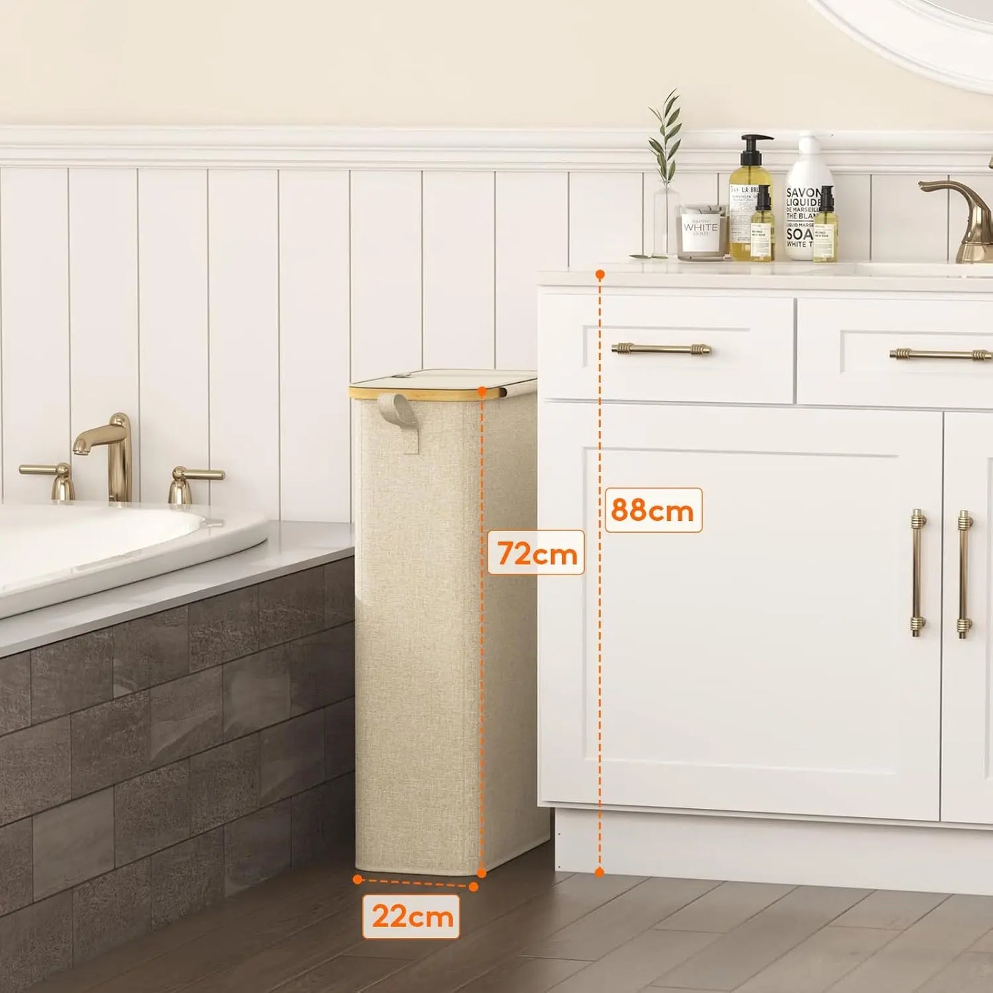 65L Slim Laundry Hamper with Lid, Narrow Laundry Basket with Removable Bag & Bamboo Handles, Fodable