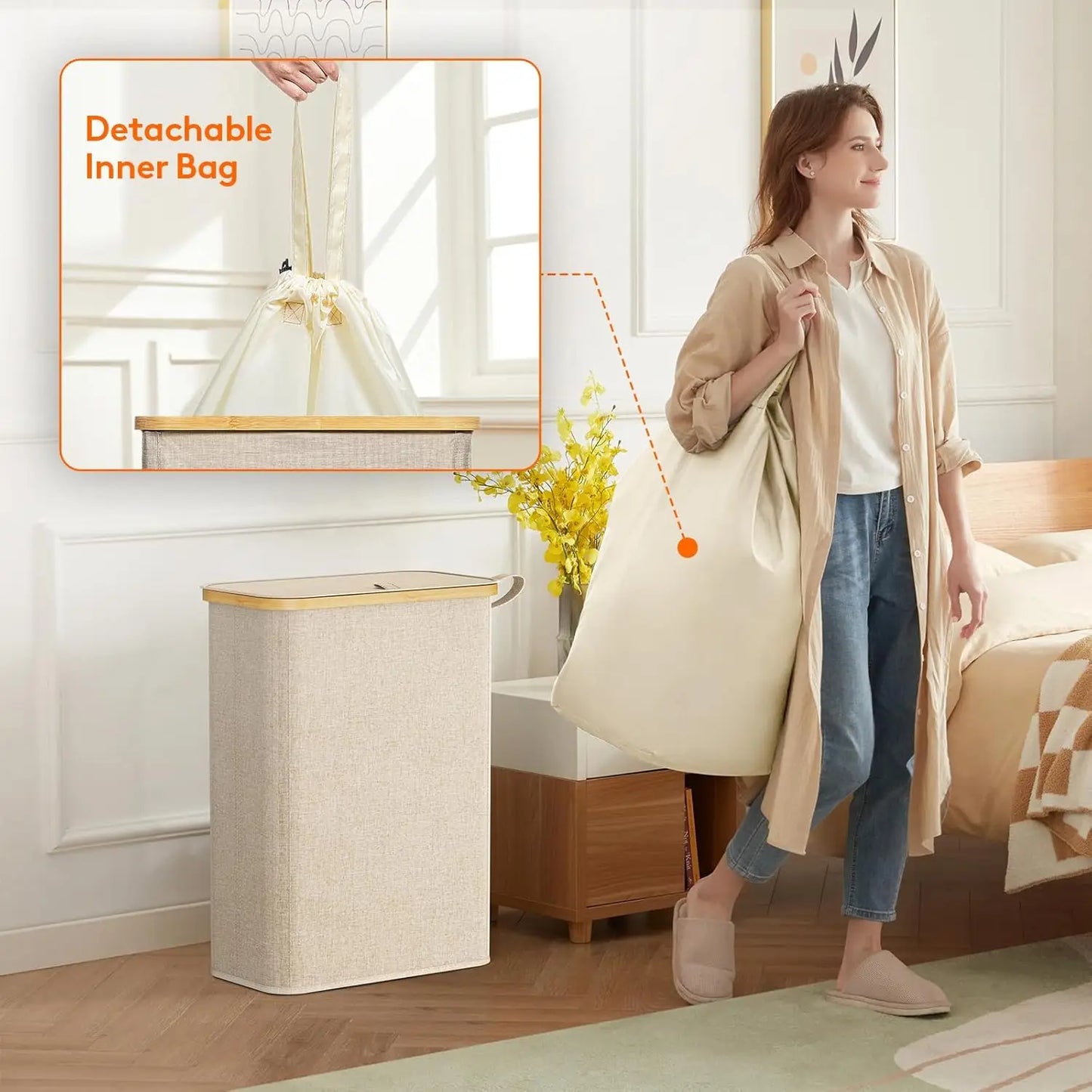 65L Slim Laundry Hamper with Lid, Narrow Laundry Basket with Removable Bag & Bamboo Handles, Fodable