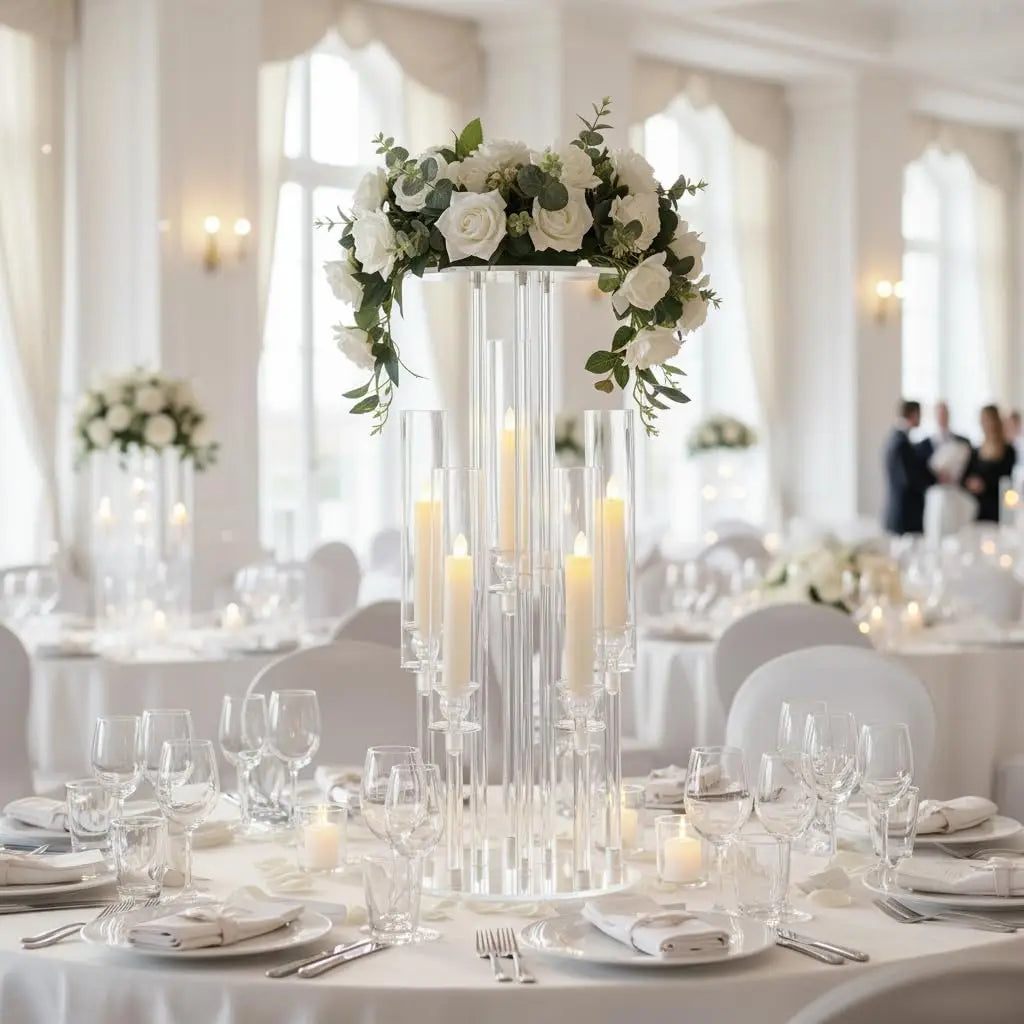 2PCS Acrylic Candelabra 5 Arm Clear Centerpiece for Wedding Table | Crystal Candle Holder with Lampshade for Birthday Christmas Party Home Decor