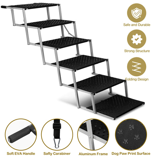 Adjustable Foldable Dog Stairs Set - Stainless Steel Pet Steps for Cars, Trucks & SUVs, Ideal for Medium & Large Breeds