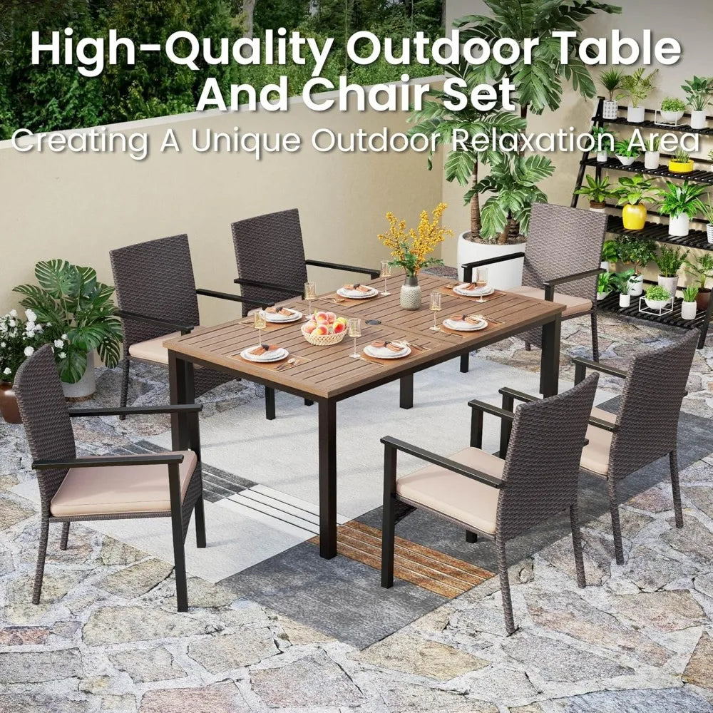 7 Pieces Patio Dining Set, 65” Wood-Like Metal Steel Dining Table & Rattan Wicker Chairs with Cushions