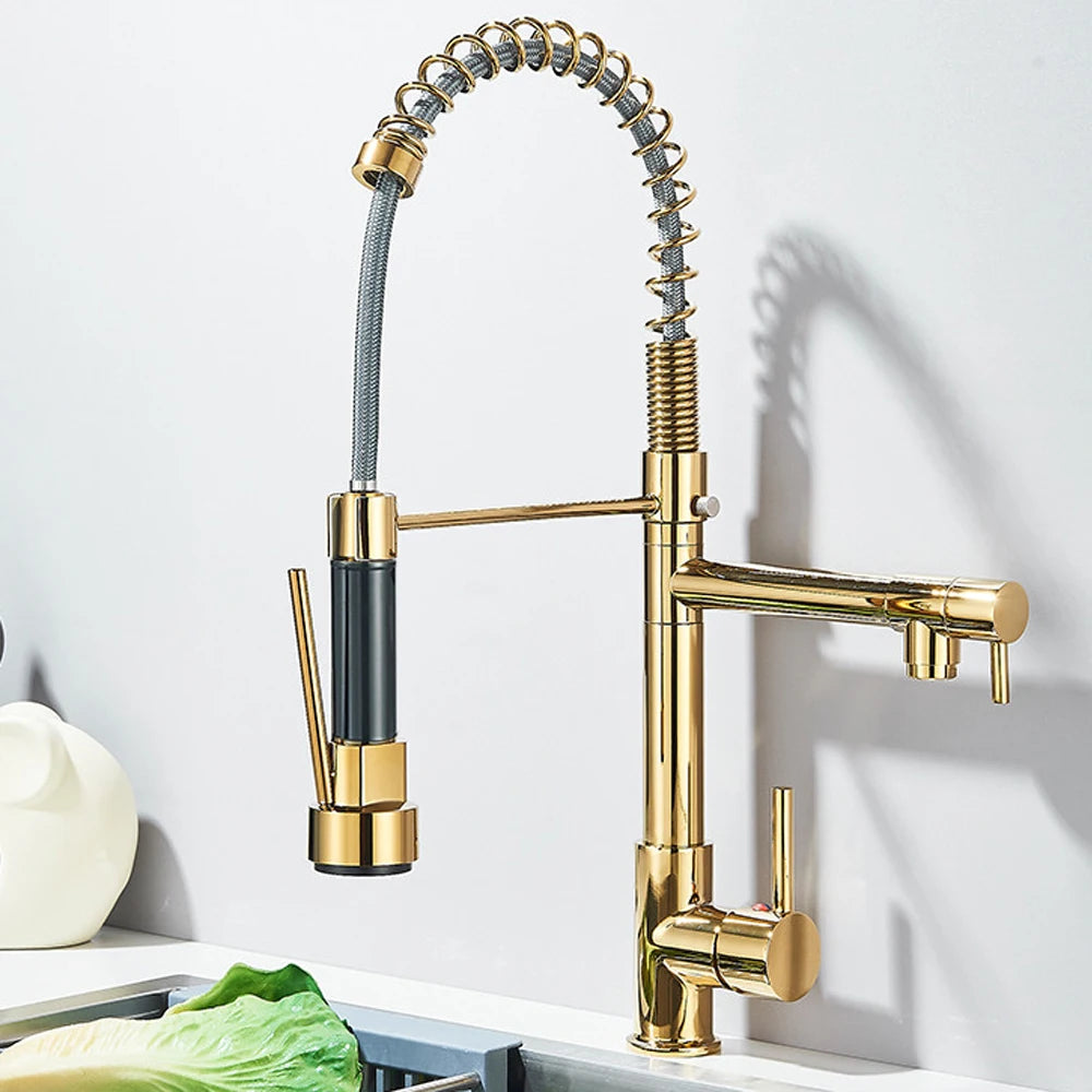 SHBSHAIMY Gold Spring Kitchen Faucets Pull Down Kitchen-Sink Crane Dual Swivel Spout Tap Hot Cold Water Mixer