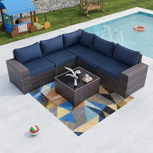 7 Pieces Outdoor Patio Furniture Set,Sectional Rattan Sofa Set Brown PE Rattan Wicker Patio Conversation Set with Tempered Glass
