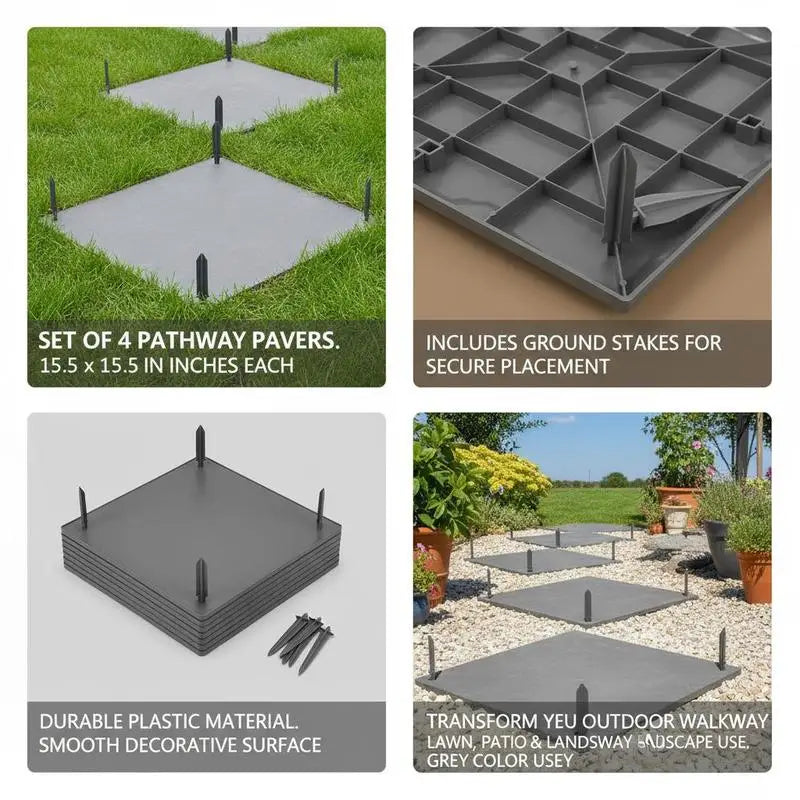 Outdoor Pathway Pavers 15.5 x 15.5 in For Lawn Patio Landscape, Decorative Walkway Blocks Ground Stakes Smooth Surface Grey 4Pcs