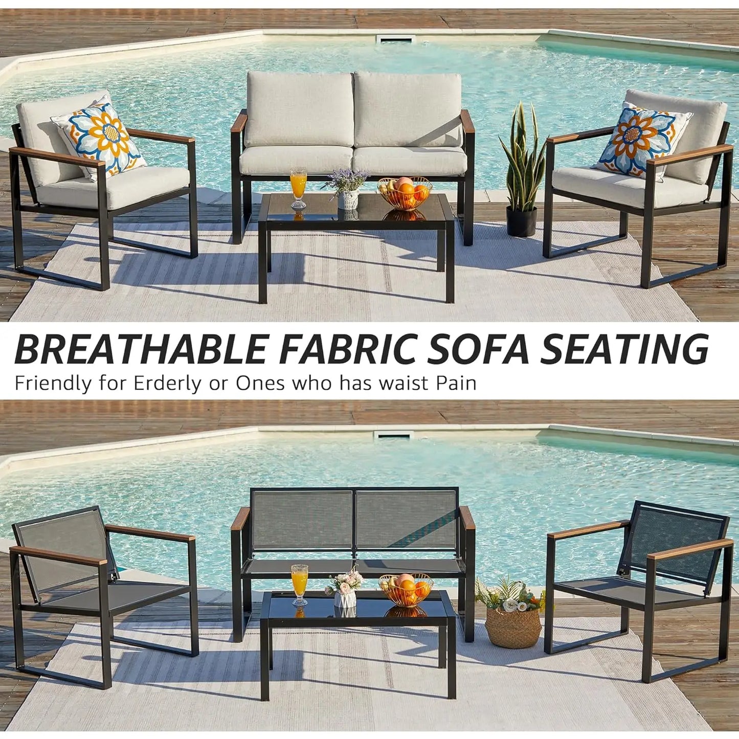 4 Pieces Metal Outdoor Patio Furniture Sets Wooden Customized Sectional Conversation Set for Garden Yard