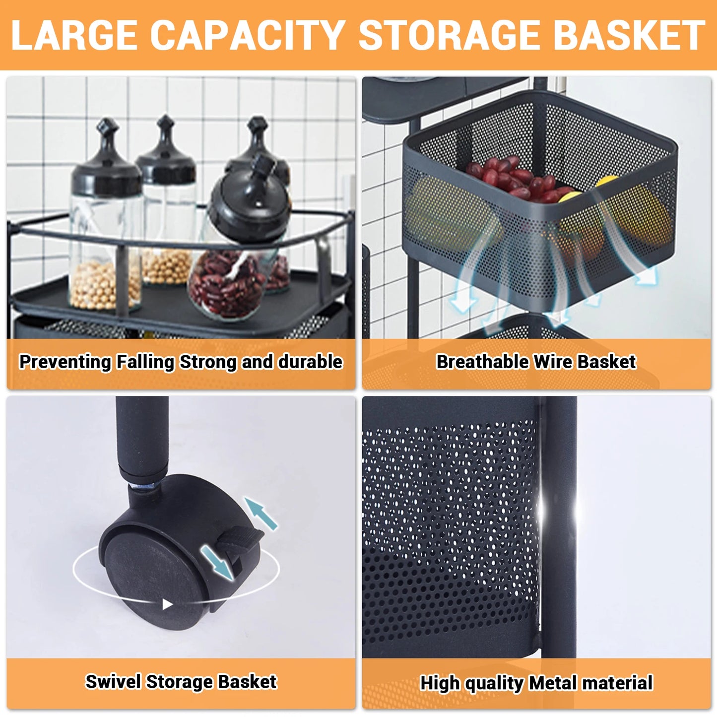 Five Layers 360 Degree Rotatable Trolley Storage Rack, Carbon Steel Storage Rack, Kitchen Vegetable Rack, Snack Storage Rack
