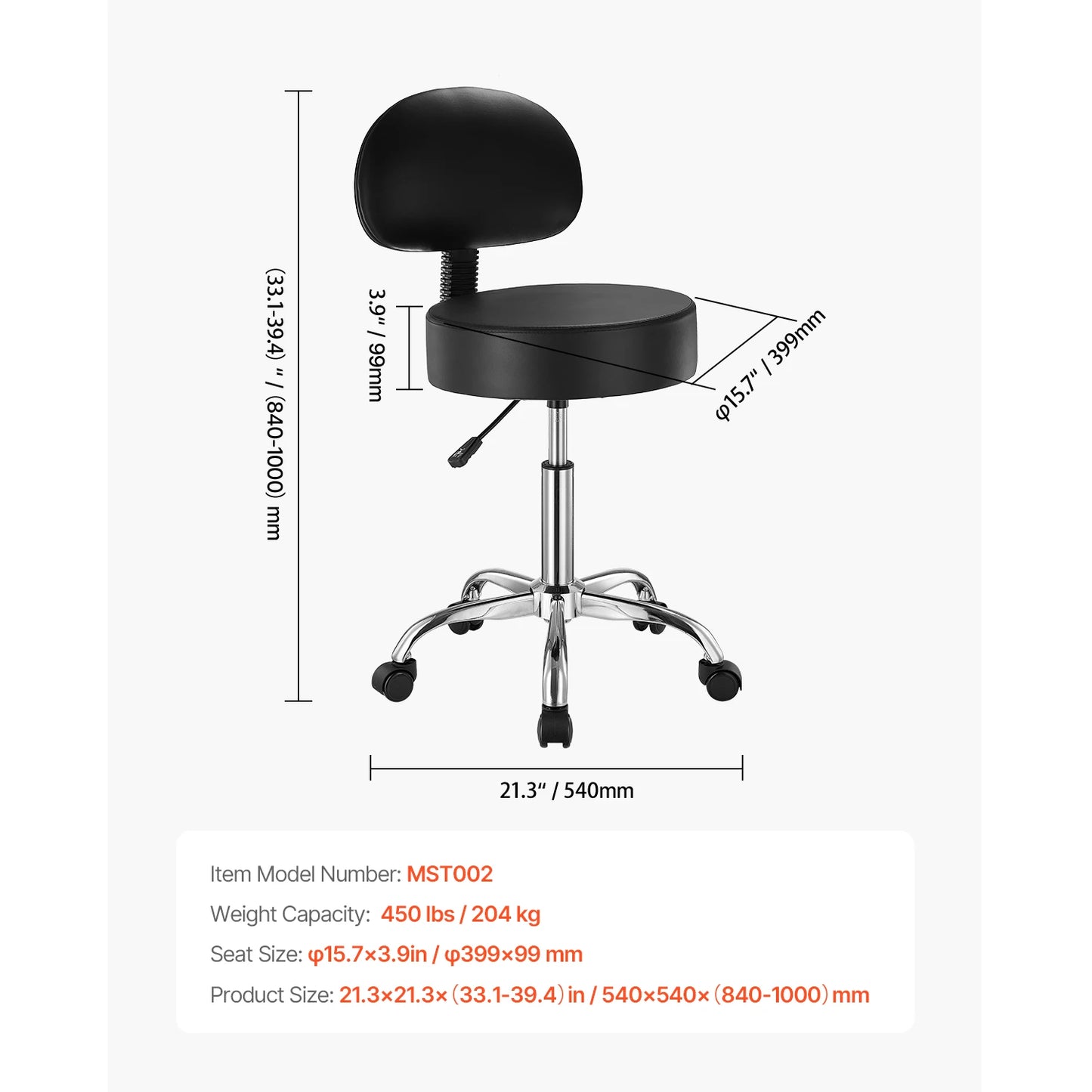 SucceBuy Rolling Stool w/ Wheels 450 LBS Weight Capacity Round Rolling Stool Chair Height Adjustable for Salon Spa Tattoo Clinic