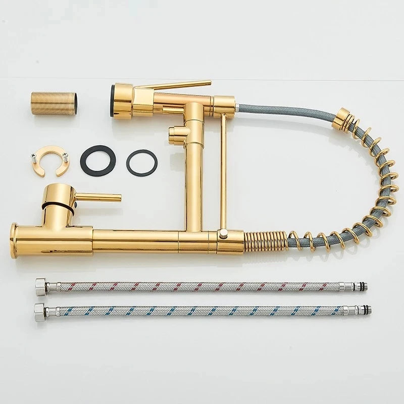 SHBSHAIMY Gold Spring Kitchen Faucets Pull Down Kitchen-Sink Crane Dual Swivel Spout Tap Hot Cold Water Mixer