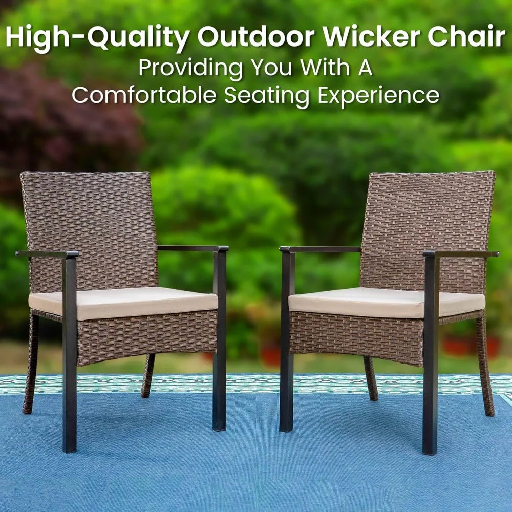 7 Pieces Patio Dining Set, 65” Wood-Like Metal Steel Dining Table & Rattan Wicker Chairs with Cushions